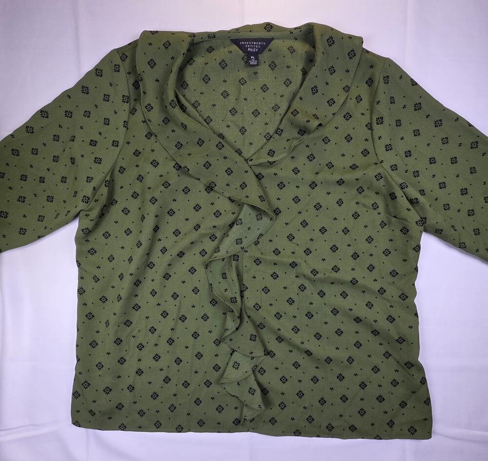 Investments "Riley" blouse olive green with black floral/geometric pattern PL